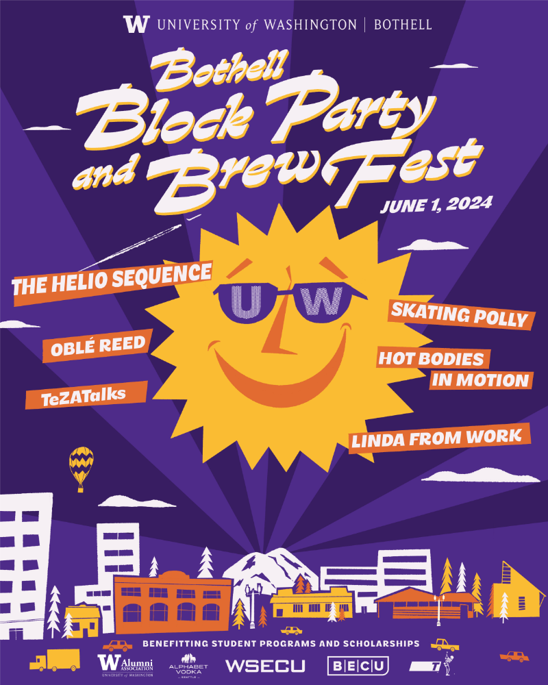 Ŷĳ Bothell Block Party and Brew Fest flyer showing a large sun in the center wearing sunglasses and smiling over a small city block.